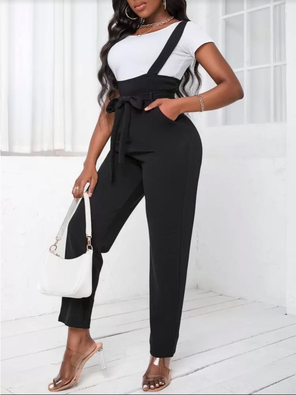 Black High-Waist Suspender Jumpsuit with Belt - Size 12 / XL - GUC